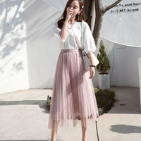 薇图（vitto）女装 2019年夏季网纱百褶高腰甜美A字裙超仙中长款半身裙 xbVT514 粉色 均码