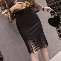 HMDIME ins半身裙女春季新品 韩版时尚chic百搭流苏拼接修身显瘦性感包臀裙 GGSS3337 黑色 2XL