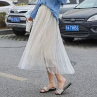 AUDDE 翱笛 夏季新款女装新品半身裙女时尚唯美休闲蕾丝网纱裙中长款百褶裙 MMBD11-118 杏色 均码