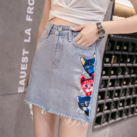 HMDIME 牛仔半身裙女 春夏新款 百搭A字裙小猫咪贴布刺绣短裙 DYFS917 蓝色 M
