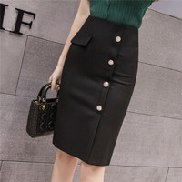 HMDIME chic半身裙女春季新品 韩版中长款排扣包臀裙女开叉一步裙子高腰职业裙 MSYZ868 黑色 S