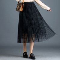 AUDDE 翱笛 春季新款女装新品半身裙女网纱A字裙韩版高腰长裙蓬蓬仙女百褶纱裙 GZWH8603 黑色 均码