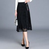 她池春装女2019新款纯色修身蕾丝网纱百褶高腰中长款半身裙 T91Z0262A10L 黑色L