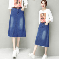 BANDALY 蹦跶狸 春季新款女装新品半身裙女韩版时尚高腰牛仔中长款百搭毛边A字裙 HZDF111-6633 蓝色 27