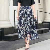 一塘晨春装新女韩版飘逸清新印花气质休闲度假风长款半身裙  S91R0227BA2310XL   蓝茉莉 XL
