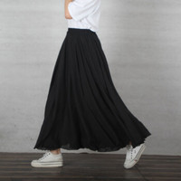 BANDALY 蹦跶狸 夏季新款女装新品半身裙时尚文艺棉麻半身裙长裙大摆裙薄 MMKH1836 黑色 80（裙长80-85CM）