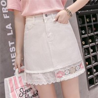 HMDIME A字牛仔裙女春夏新款 淑女百搭短裙蕾丝刺绣花牛仔半身裙包臀 DYFS906 白色 S