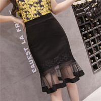 HMDIME 半身裙女春季新品 韩版时尚chic百搭高腰网纱拼接性感喇叭包裙蕾丝鱼尾裙 GGSS3339 黑色 M
