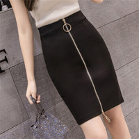 HMDIME ins半身裙女春季新品 韩版时尚百搭金属圆环双向拉链款弹力包臀裙修身高腰一步裙 MSYZ861 黑色 L