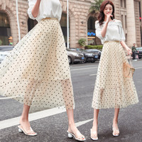 BANDALY 2019春季新品女装衬衫A字波点网纱蕾丝中长款半身裙 zx1549-816 杏色 XL