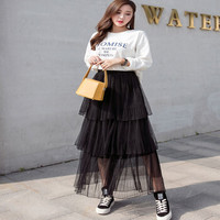 薇图（vitto）女装 2019春夏款新款百褶裙a字仙女网纱裙蛋糕裙半身裙高腰中长款 xbVT354 黑色 均码