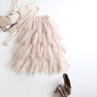 AUDDE 2019春季新款女装新品半身裙女清新甜美蛋糕裙网纱中长款蕾丝蓬蓬仙女裙 GZWH8608 杏色 均码