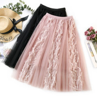 AUDDE 2019春夏季新款女装新品半身裙女轻盈蓬松提花蕾丝时尚网纱裙子气质大摆裙 zxALQY386 粉红 均码