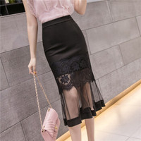 HMDIME 中长款半身裙女2019春季新品 韩版时尚ins百搭高腰网纱拼接性感喇叭包裙蕾丝鱼尾裙 GGSS1813 黑色2XL