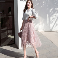 薇图（vitto）女装 2019年夏季百褶高腰网纱A字裙仙女中长款百搭半身裙 xbVT515 粉色 均码