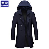 罗蒙(ROMON)风衣男 春秋新款连帽舒适修身商务休闲中长款外套男装 9JK941902 藏青 180