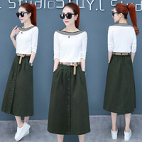 维迩旎 2019春季新款女装新品半身裙女时尚套装韩版修身T恤+牛仔裙两件套 cchHR59J61901 军绿色 L