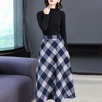 BANDALY 蹦跶狸 冬季新款女装新品半身裙女毛呢高腰中长款加厚时尚格子长裙冬 zx3A25-7301 蓝色 L
