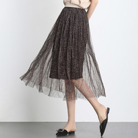 AUDDE 2019春季新款女装新品半身裙女网纱气质性感豹纹半身中长裙百搭常规a字百褶裙 GZWH8610 咖啡色 均码