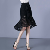 她池气质淑女蕾丝花瓣鱼尾裙半身裙中长款春夏新款女包臀高腰裙 T91Z0227A10XL  黑色 XL