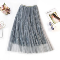 莉夏乐 2019春夏装新品半身裙女装闪亮重工亮片网纱裙韩版高腰A字长裙仙气百褶裙 zxALQY388 灰蓝 均码