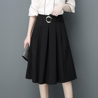 AUDDE 2019夏季新款女装新品百皱裙半身裙女时尚韩版高腰显瘦黑色中裙a字裙 HZD09-8966 黑色 M