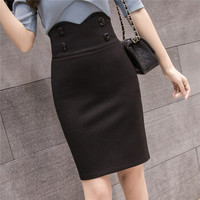 HMDIME chic鱼嘴半身裙女春季新品 韩版双排扣包臀裙弹力显瘦开叉一步裙高腰OL职业裙 MSYZ866 黑色 S