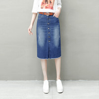 BANDALY 2019夏季新品女装半身裙中长款韩版高腰a字牛仔裙开叉单排扣一步裙 HZDF111-647 浅蓝色 28/L