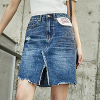 liqiao 丽乔 春季新款半身裙女纯色牛仔半身裙韩版开叉不规则拼接短裙子 cchCBFS1901 蓝色 XL