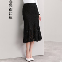 尚都比拉（Sentubila） 纯色镂空蕾丝鱼尾裙女半身裙2019春季新品通勤OL简约女装 183Q0821966 黑色 XXL
