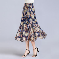 她池春装女2019新款中长款印花雪纺优雅包臀开叉下摆荷叶边半身裙 T91Z0288A28S  花色 S