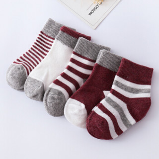 馨颂 婴儿袜子五双装宝宝条纹袜儿童袜子套装 Q001F4 酒红 14-16(M)(1-3岁)