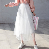 薇图（vitto）女装 2019年夏季网纱百褶高腰甜美A字裙超仙中长款半身裙 xbVT514 白色 均码