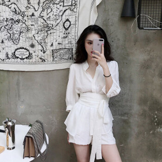 维迩旎 2019夏季新款女装新品很仙法国小众韩版气质两件套装裤女 zxALYN-8346 白色 S