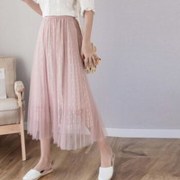 薇图（vitto）女装 2019年夏季网纱高腰压褶波点仙女优雅A字半身裙 xbVT511 粉色 均码