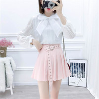 HMDIME 百褶半身裙套装春夏新品 韩版甜美套装蝴蝶结雪纺蕾丝衫显瘦送腰带 MSFS7680 图片色 L