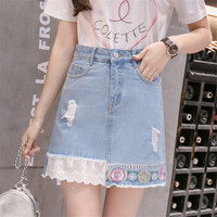 HMDIME A字牛仔裙女春夏新款 淑女百搭短裙蕾丝刺绣花牛仔半身裙包臀 DYFS906 蓝色 XL