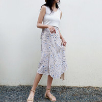 BANDALY 2019春夏季新款女装新品雪纺半身裙女chic百搭一片式小碎花系带裙子 ywM666 杏色碎花 M-666#均码