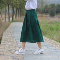 AUDDE 2019春夏季新款女装新品半身裙女中长款纯色裙显瘦文艺大摆裙女 MMKH9099 墨绿 均码（松紧腰围）