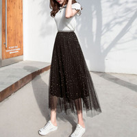 薇图（vitto）女装 2019年夏季纱裙百褶高腰网纱A字超仙中长款半身裙 xbVT513 黑色 均码