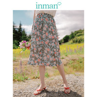 INMAN 茵曼 夏装新款粘纤橡筋腰复古印花收褶百搭文艺清新半身裙女 18921|10038 蓝色 L