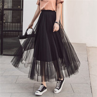 HMDIME chic时尚半身裙女2019春季新品 韩版小清新ins高腰中长款网纱裙百褶裙A字裙大摆裙 GGSS1825 黑色 3XL