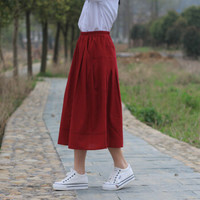 AUDDE 2019春夏季新款女装新品半身裙女中长款纯色裙显瘦文艺大摆裙女 MMKH9099 酒红 均码（松紧腰围）