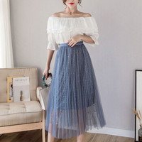 薇图（vitto）女装 2019年夏季网纱高腰压褶波点仙女优雅A字半身裙 xbVT511 蓝色 均码