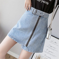 HMDIME 牛仔半身裙女夏装新款 chic高腰不规则拉链港风复古a字裙防走光短裙 MMFS7685 蓝色 L
