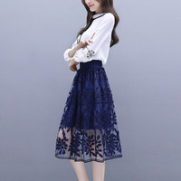 薇图 vitto 女装  2019年夏季俏皮名媛圆领长袖T恤+蕾丝优雅半身裙套装 xbVT527 图片色 XL