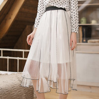 凡淑 春季新款女装松紧带不规则裙甜美百搭双层网纱蕾丝拼接A字半身裙 KF25011FS 白色 S