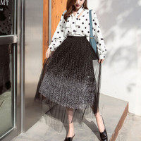 薇图（vitto）女装 2019年夏季网纱百褶高腰甜美A字裙超仙中长款半身裙 xbVT514 黑色 均码