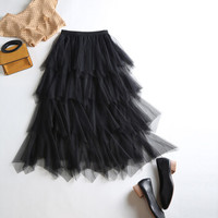 AUDDE 2019春季新款女装新品半身裙女清新甜美蛋糕裙网纱中长款蕾丝蓬蓬仙女裙 GZWH8608 黑色 均码