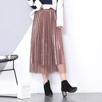 BANDALY 蹦跶狸 春夏季新款女装新品半身裙女ins超火网纱金丝绒百褶中长款蕾丝裙 GZWH8624 香槟色 均码